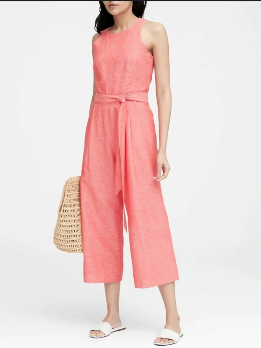 Banana Republic Linen Wide Leg Crop Jumpsuit w Tie Belt